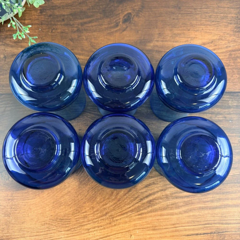 Cobalt Blue Hand Blown Glass Tumblers Scandi Modern MCM Barware Set of 6